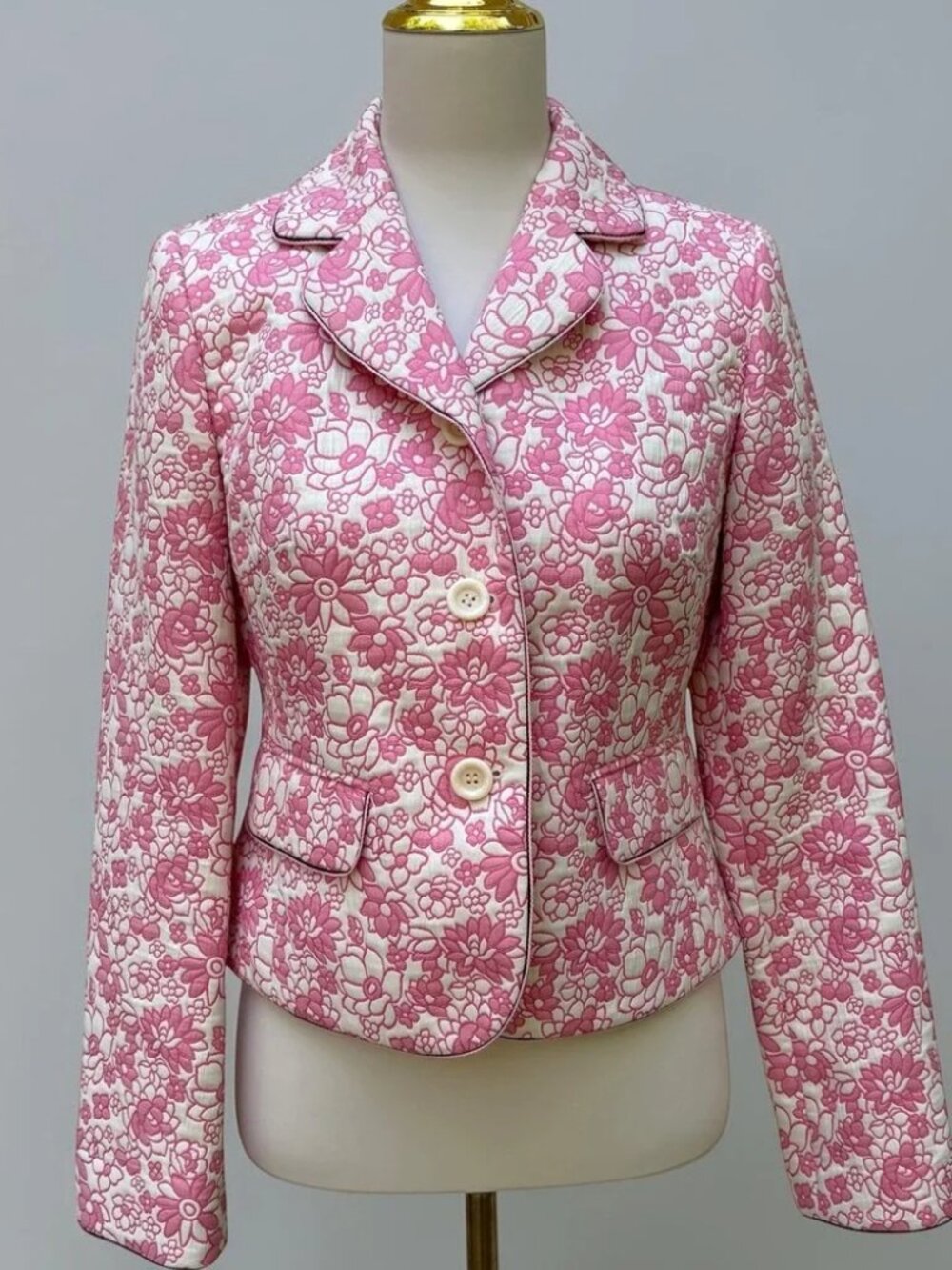 Ann Taylor LOFT Blazer 4 Pink White Floral Matelasse Piped Jacket Coquette